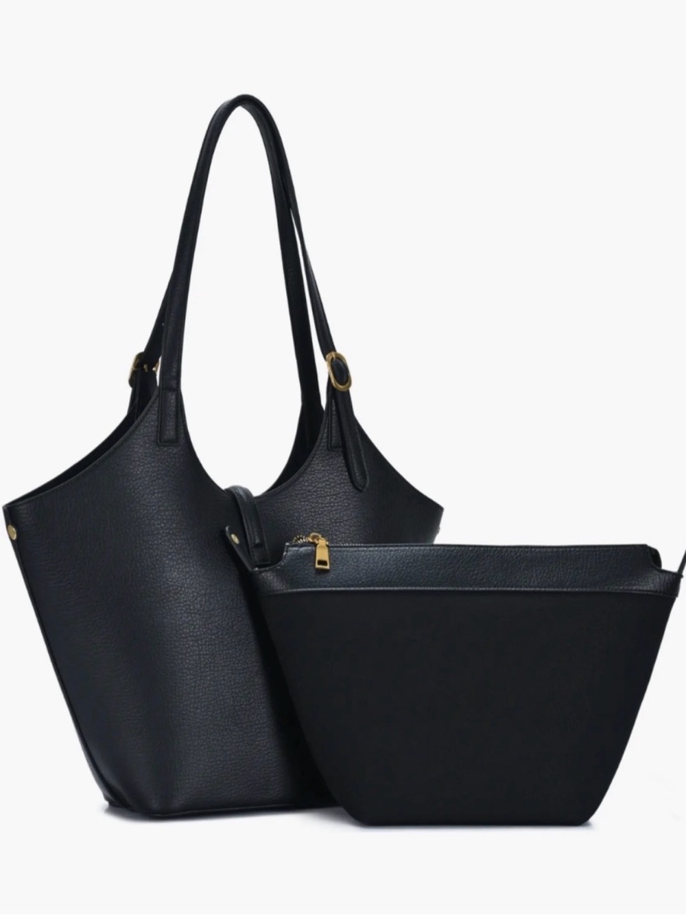 Miztique Turnlock Detail Classic Black Faux Leather Tote Bag with Gold Hardware